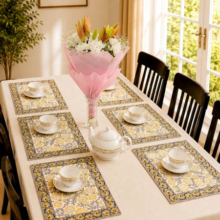 Yellow Floral Handmade Canvas Cotton Table Mat Set
